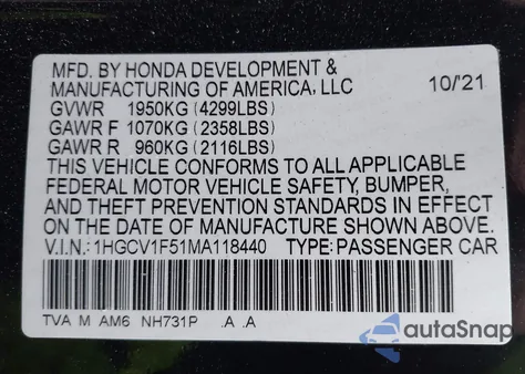 2021 Honda Accord Ex-L из США, поврежденный, VIN 1HGCV1F51MA118440